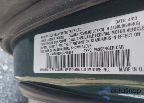 2003 Subaru Legacy L/L W/Special Edition Package из США, поврежденный, VIN 4S3BE635637215981